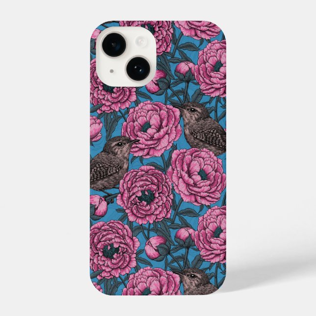 Funda Para iPhone Peonies y wrens en azul (Reverso )