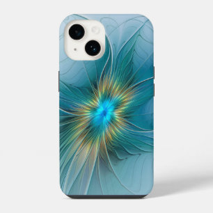 Funda Para iPhone 14 Pequeña belleza arte fractal moderno azul oro Flor