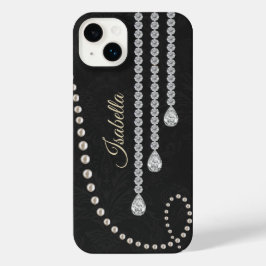 Funda Para iPhone 14 Plus Perla elegante personalizada y diamantes en negro 