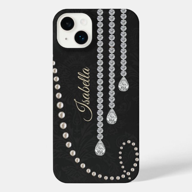 Funda Para iPhone Perla elegante personalizada y diamantes en negro  (Reverso )