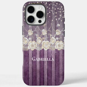 Funda Para iPhone 16 Pro Max Perlas de Lazo de Marfil Rayas Purpura