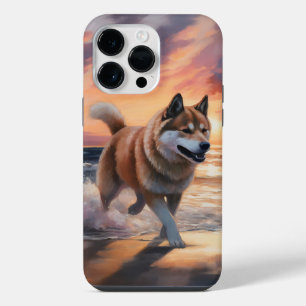 Funda Para iPhone 14 Pro Max Perro Akita Sandy Paws en puesta de sol de la play