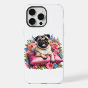 Perro asomado a una almohada con flores en acuarel