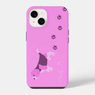 FUNDA PARA iPhone 14 PERRO BEAGLE ROSA SOBRE ROSA CON HUELLA DE PATAS E