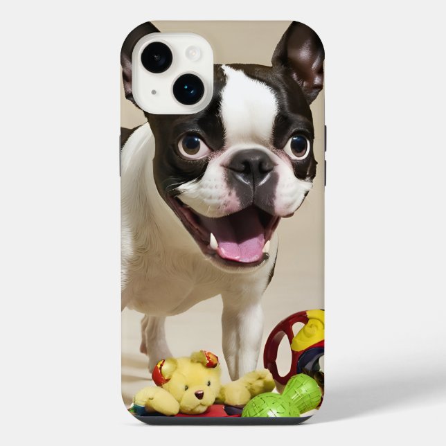 Funda Para iPhone Perro de Boston Terrier jugando con juguetes (Reverso)