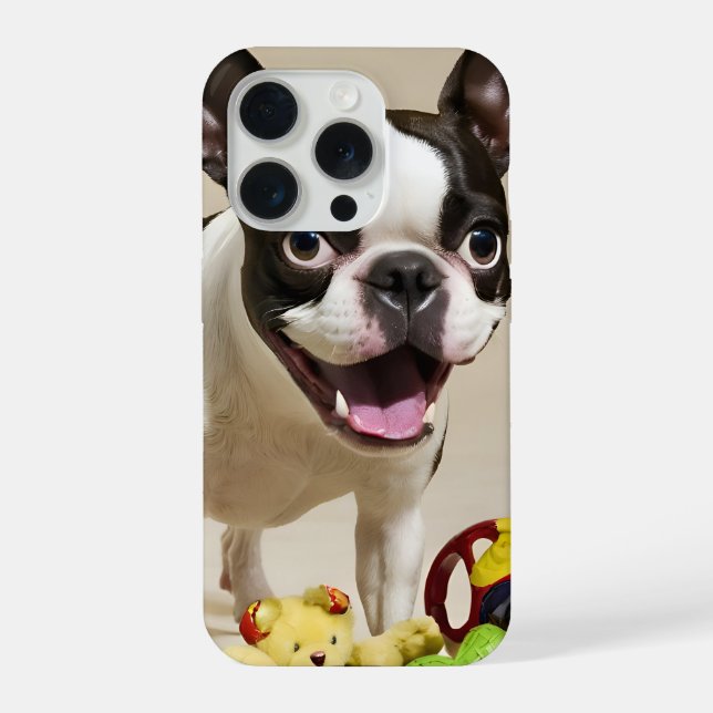 Funda Para iPhone Perro de Boston Terrier jugando con juguetes (Reverso )