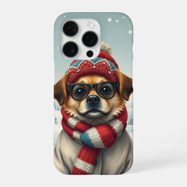 Funda Para iPhone Perro Guay con atuendo y Gorra de invierno precoz (Reverso)