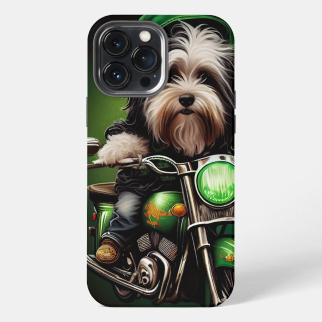 Funda Para iPhone Perro Havanés conduciendo bicicleta día de San Pat (Reverso )