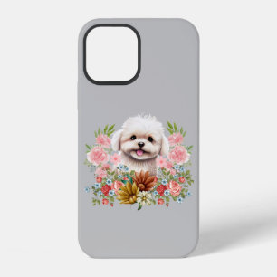 Funda Para iPhone 12 Perro maltés con flores, adorable cachorro maltés