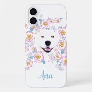Funda Para iPhone 16 Plus Perro Samoyed y flores rosadas, nombre personaliza