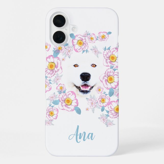 Funda Para iPhone Perro Samoyed y flores rosadas, nombre personaliza (Reverso )