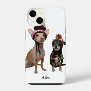 Funda Para iPhone 14 perros chihuahua en sombreros de invierno con borl