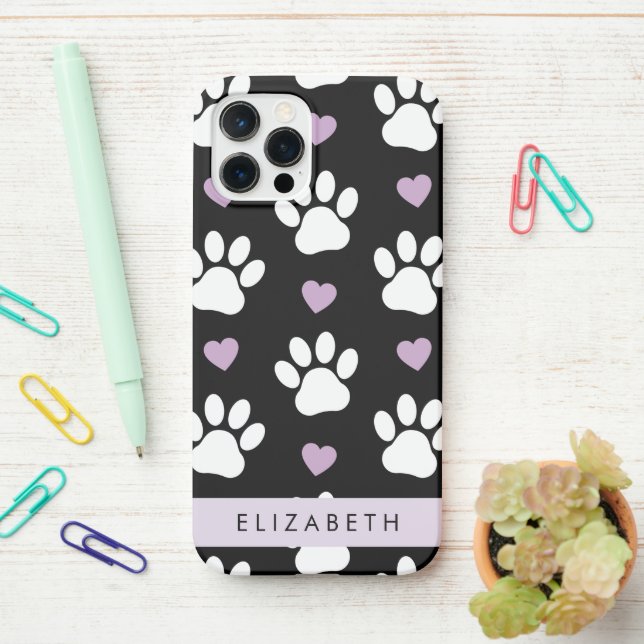 Funda Para iPhone Perros, Manos Blancas, Corazones Lilac, Tu Nombre (En el escritorio)