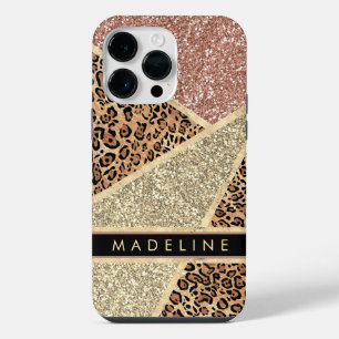 Funda Para iPhone 14 Pro Max Personaliza Rosa Dorado Glitter Leopardo Rayado Ch