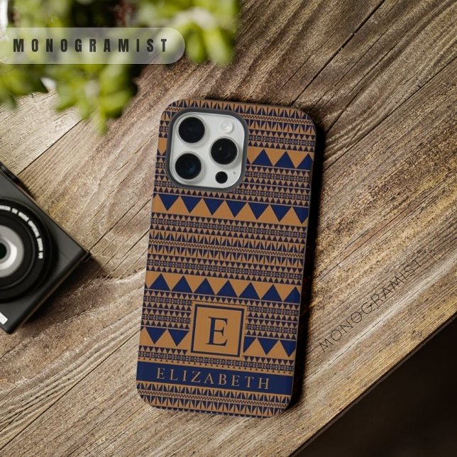 Funda Para iPhone Personalizable Cobre Marrón Marina Oscura Azteca A (Customizable Copper Brown Dark Navy Blue Aztec iPhone Case)