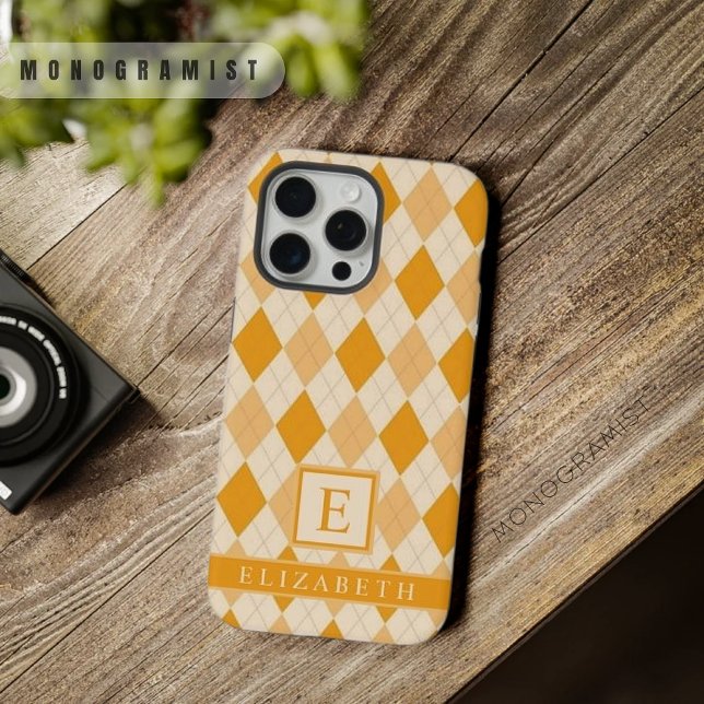 Funda Para iPhone Personalizable Color Naranja amarillo pálido Argyl (Customizable Pale Yellow Orange Color Argyle iPhone Case)