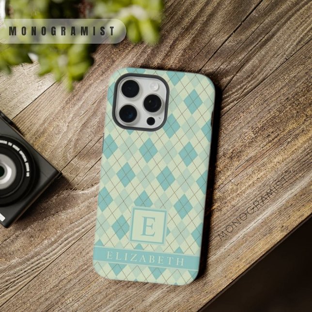 Funda Para iPhone Personalizable ligero Pastel suave verde Verde azu (Customizable Light Soft Pastel Teal Green Argyle iPhone Case)