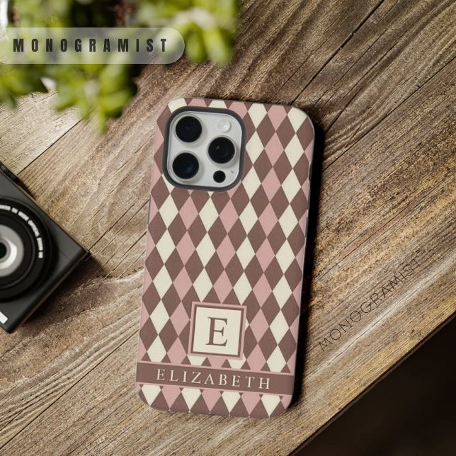 Funda Para iPhone Personalizable Pastel Rosa Amarillo Marrón Argyle (Customizable Pastel Pink Yellow Brown Argyle iPhone Case)