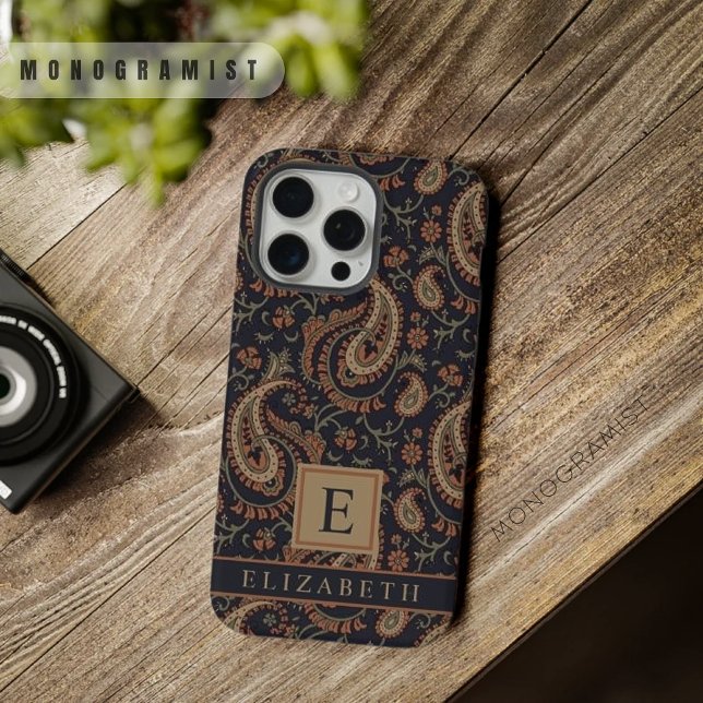 Funda Para iPhone Personalizable Patrón azul oscuro beige paisley (Customizable Dark Blue Beige Paisley Pattern iPhone Case)