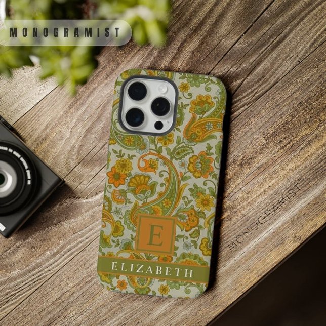 Funda Para iPhone Personalizable Verde Gris Naranja amarillo Paisley (Customizable Grey Green Orange Yellow Paisley iPhone Case)