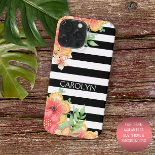 Funda Para iPhone 14 Pro Max Personalizado Flores Arte Y Patrón De Rayas Blanca