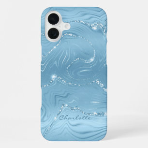 Funda Para iPhone 16 Plus Personalizado Moda Azul Plata Purpurina Patrón Gir