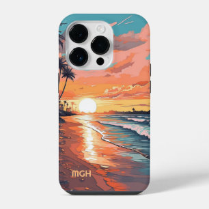 Funda Para iPhone 14 Pro Personalizado Monograma Tropical Beach Sunset