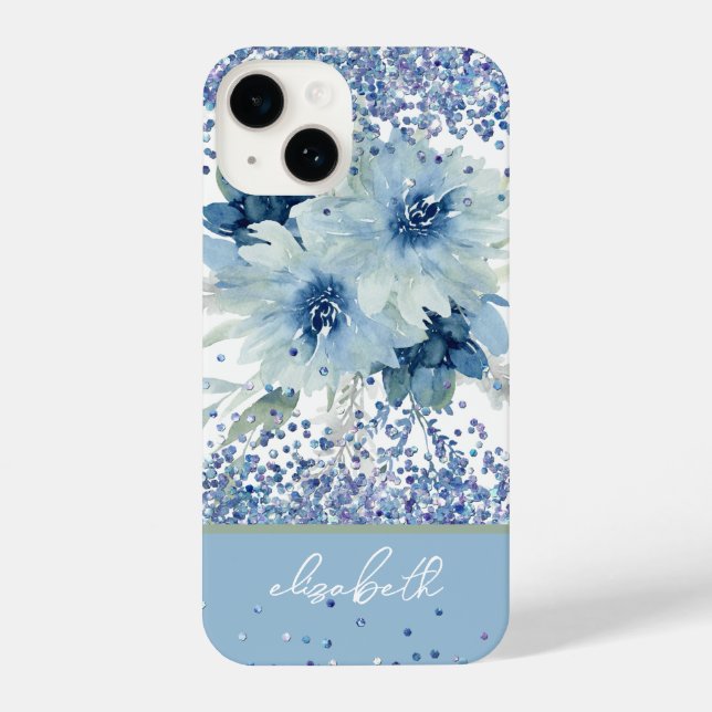 Funda Para iPhone Personalizado purpurina Floral Azul Nombre persona (Reverso )