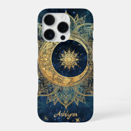 Funda Para iPhone 16 Pro Personalized Blue Celestial Gold Sun Moon Mandala