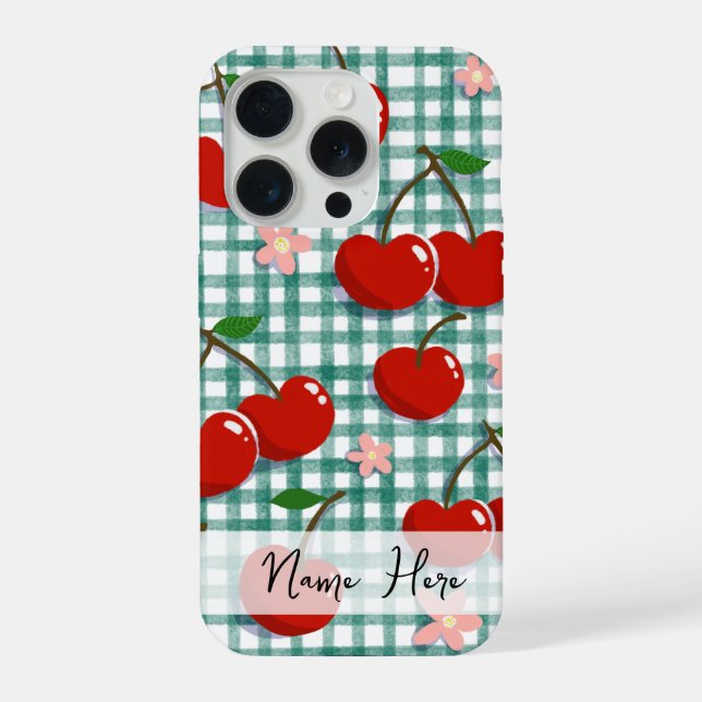 Funda Para iPhone Personalized Cherry on Green Gingham Phone Case –  (Reverso )