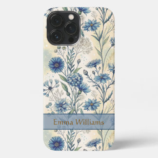 Funda Para iPhone 13 Pro Max Personalized Name Blue Wildflowers
