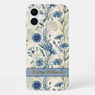Funda Para iPhone 16 Plus Personalized Name Blue Wildflowers