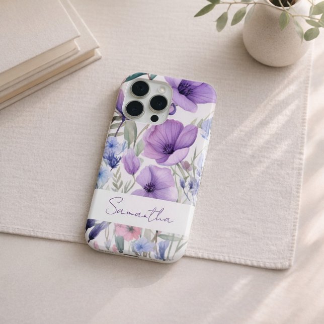 Funda Para iPhone Personalized Name Purple Floral Elegant (Subido por el creador)