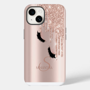 Funda Para iPhone 14 Pestañas Postizas Brillo Rosa Dorado Goteo