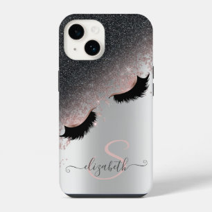 Funda Para iPhone 14 Pestañas Postizas de Oro Rosa con Brillo Negro y P