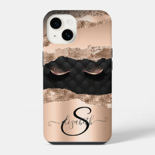 Funda Para iPhone 14 Pestañas Postizas Rosa Dorada con Brillo Negro