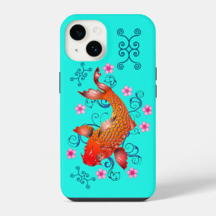 Funda Para iPhone 14 Pez koi floral oriental naranja turquesa
