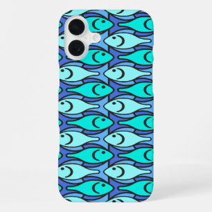 Funda Para iPhone 16 Plus Pez modernista de mediados de siglo, azul y aqua