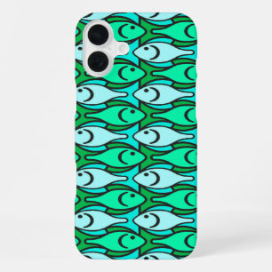 Funda Para iPhone 16 Plus Pez modernista de mediados de siglo, verde jade y