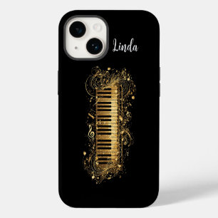 Funda Para iPhone 14 Piano Artístico Dorado y Notas Musicales
