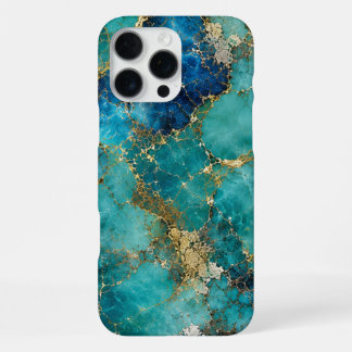 Funda Para iPhone 16 Pro Max Piedra Turquesa de Lujo con Venas de Oro Elegantes