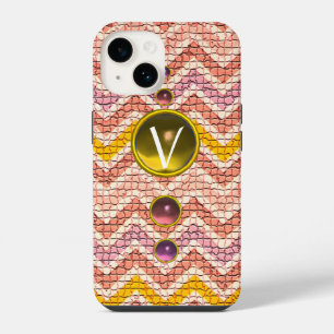 Funda Para iPhone 14 Piedras preciosas rosadas amarillas y monograma de