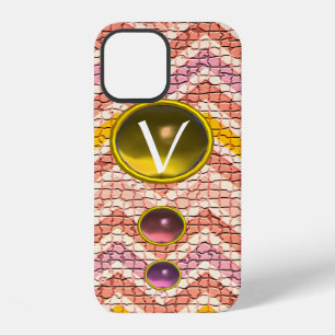 Funda Para iPhone 12 Piedras preciosas rosadas amarillas y monograma de