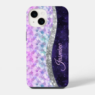 Funda Para iPhone 14 Piel de sirena púrpura plata falso brillo monogram
