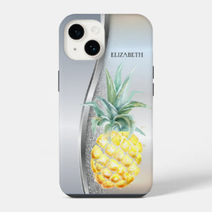 Funda Para iPhone 14 Piña Watercolor Plateada Glitter Fría de Moda 