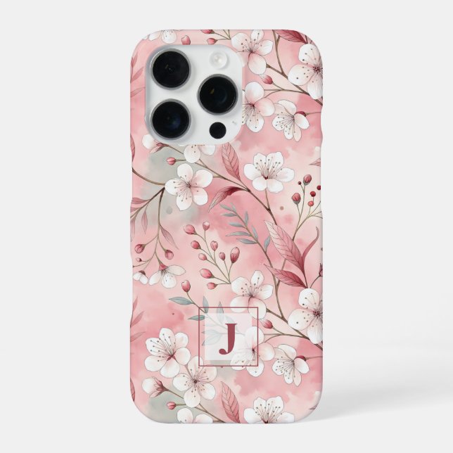 Funda Para iPhone Pink cherry blossom monogram (Reverso)