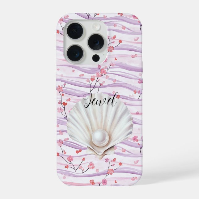Funda Para iPhone Pink Floral Purple Stripes Shell Pearl (Reverso )