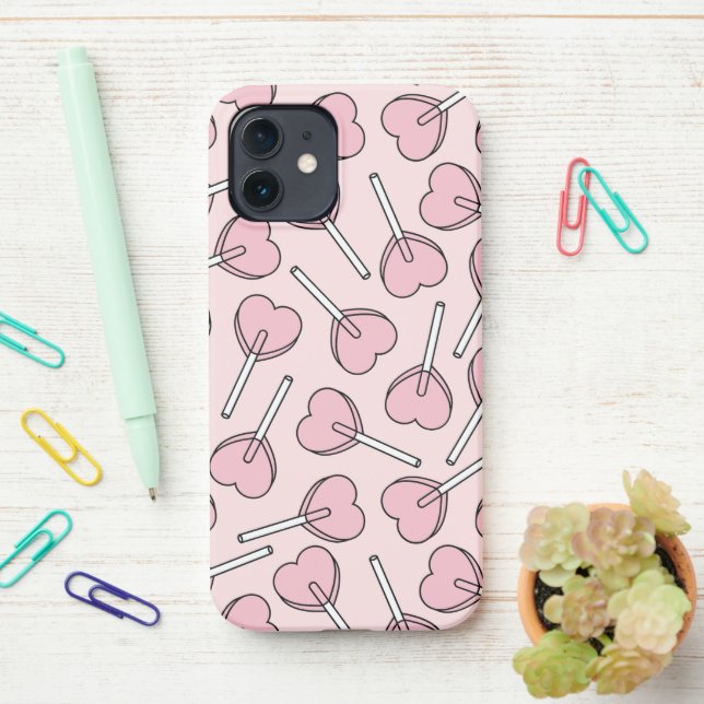 Funda Para iPhone Pink Lollipops, Heart Lollipops, Lollipop Pattern (En el escritorio)