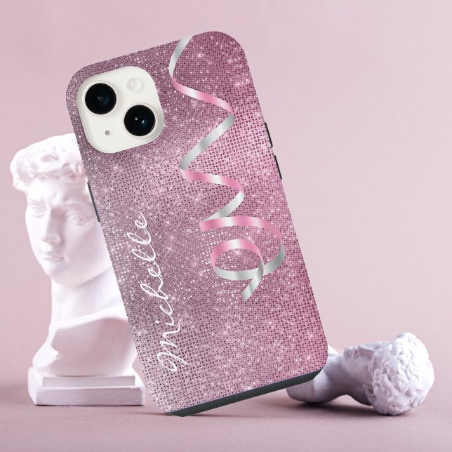 Funda Para iPhone Pink Silver Sparkle Ribbon Glam iPhone 14 Funda (Subido por el creador)