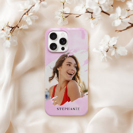 Funda Para iPhone 16 Pro Max Pink Watercolor Wash Personalized Photo with Name